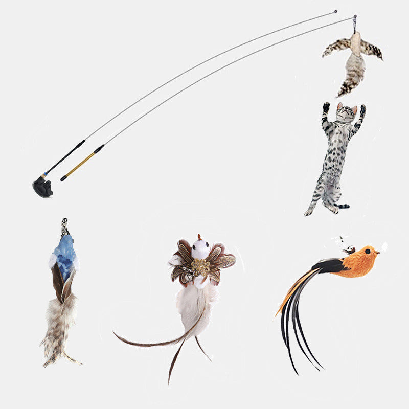 Steel Wire Feather Cat Teaser Toy – Long Rod Interactive Funny Wand for Cats